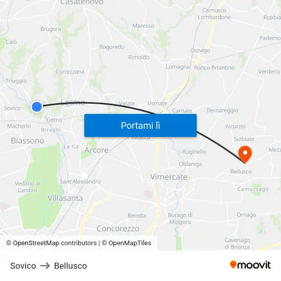 Sovico to Bellusco map