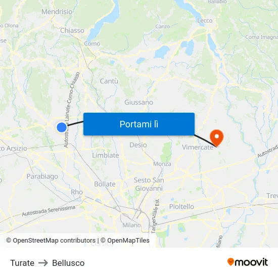 Turate to Bellusco map