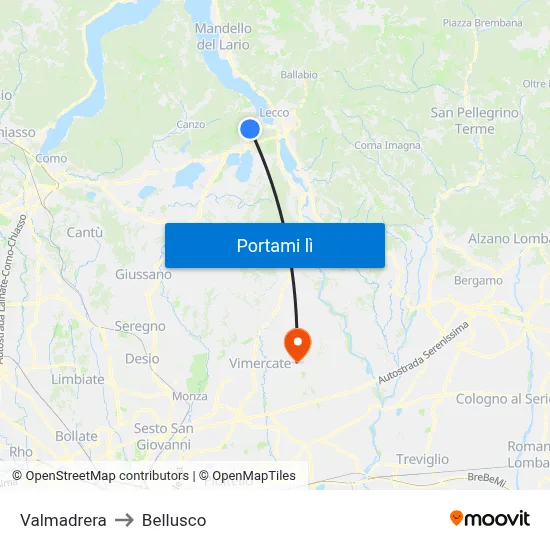 Valmadrera to Bellusco map