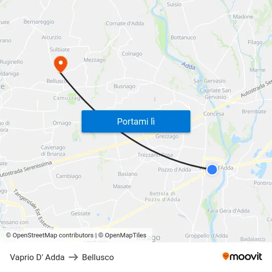 Vaprio D' Adda to Bellusco map