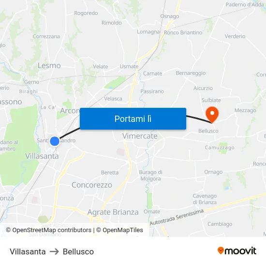 Villasanta to Bellusco map
