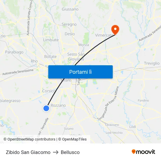 Zibido San Giacomo to Bellusco map