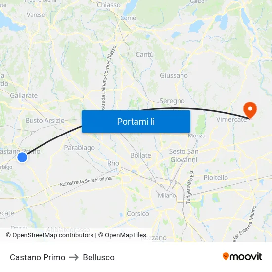 Castano Primo to Bellusco map