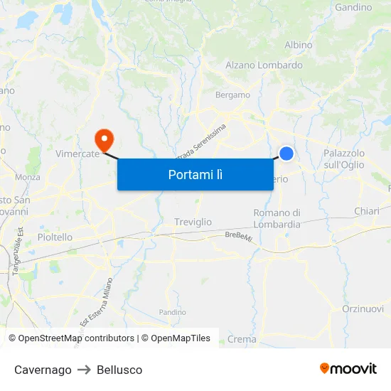 Cavernago to Bellusco map