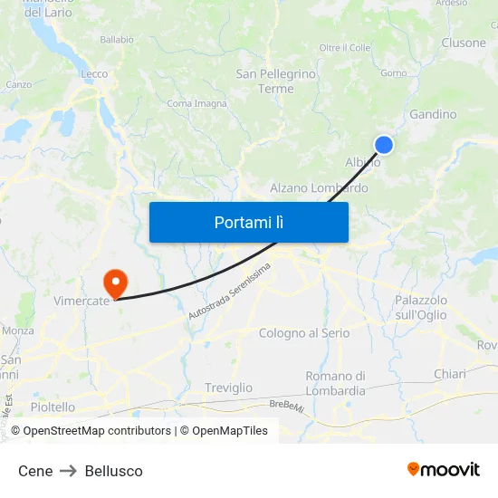 Cene to Bellusco map