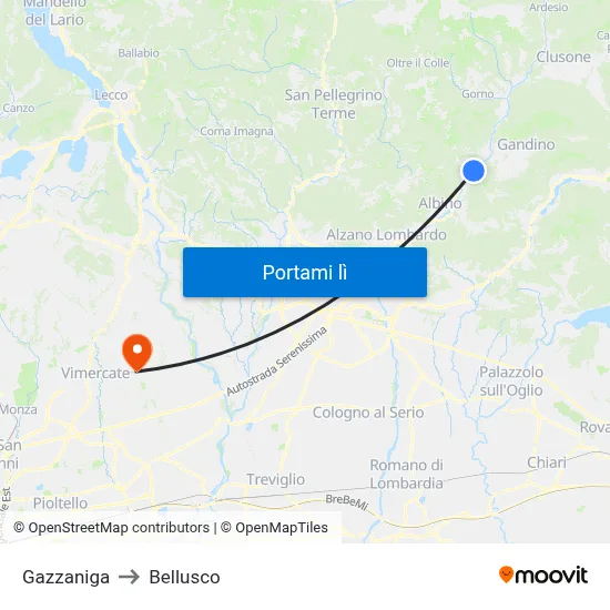 Gazzaniga to Bellusco map