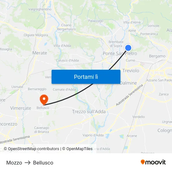 Mozzo to Bellusco map