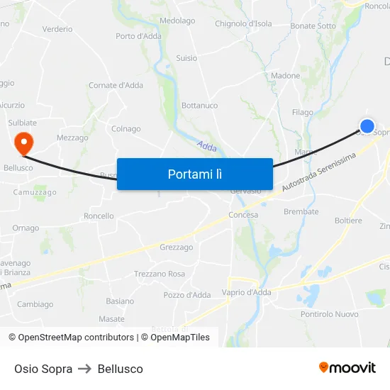 Osio Sopra to Bellusco map