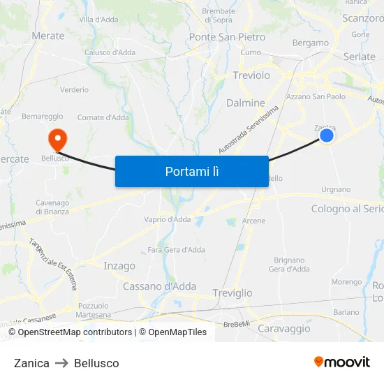 Zanica to Bellusco map