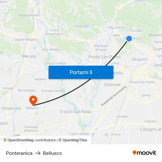 Ponteranica to Bellusco map