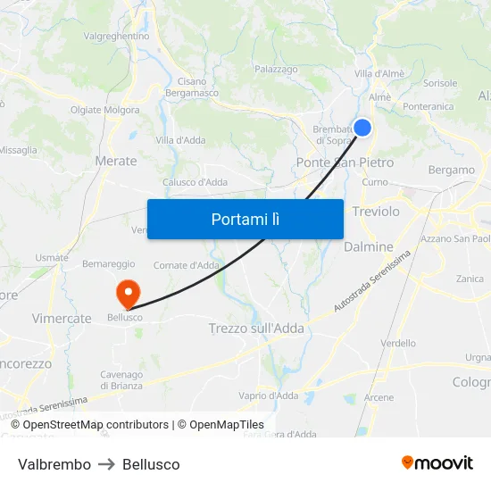 Valbrembo to Bellusco map