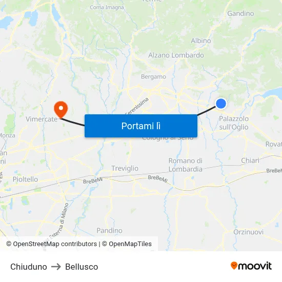 Chiuduno to Bellusco map