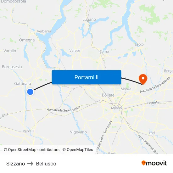 Sizzano to Bellusco map