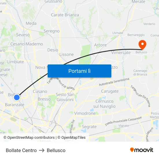 Bollate Centro to Bellusco map