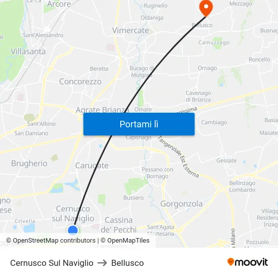 Cernusco Sul Naviglio to Bellusco map