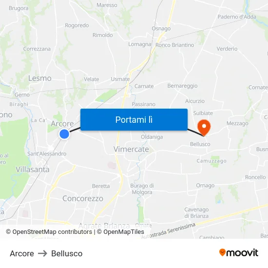 Arcore to Bellusco map
