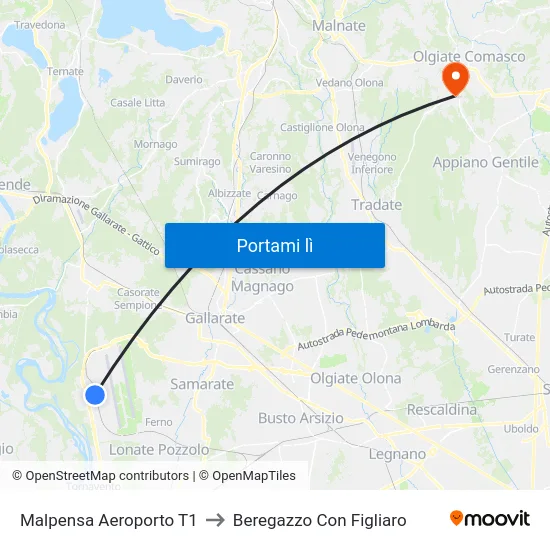 Malpensa Aeroporto T1 to Beregazzo Con Figliaro map
