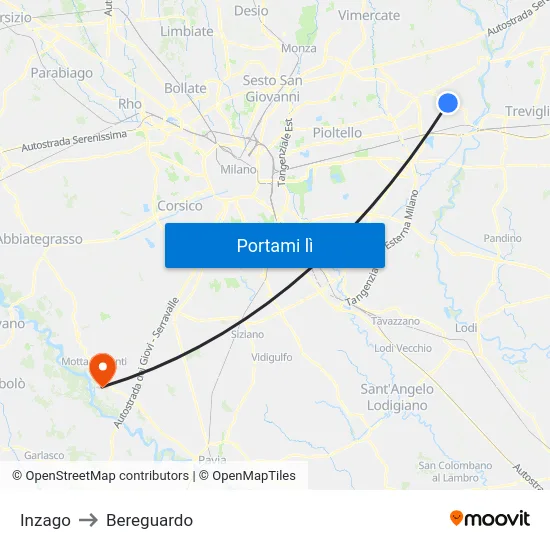 Inzago to Bereguardo map