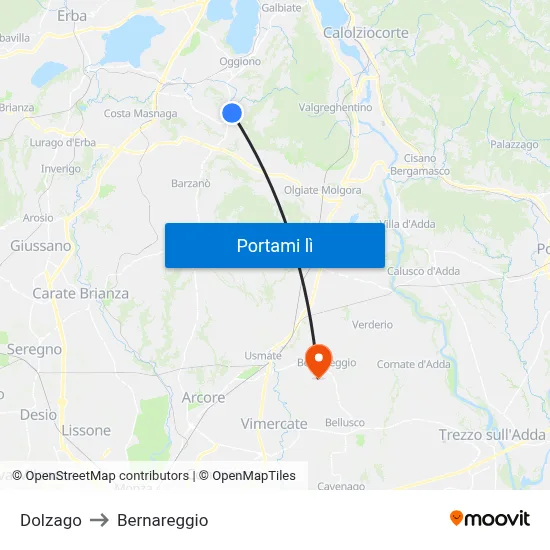 Dolzago to Bernareggio map