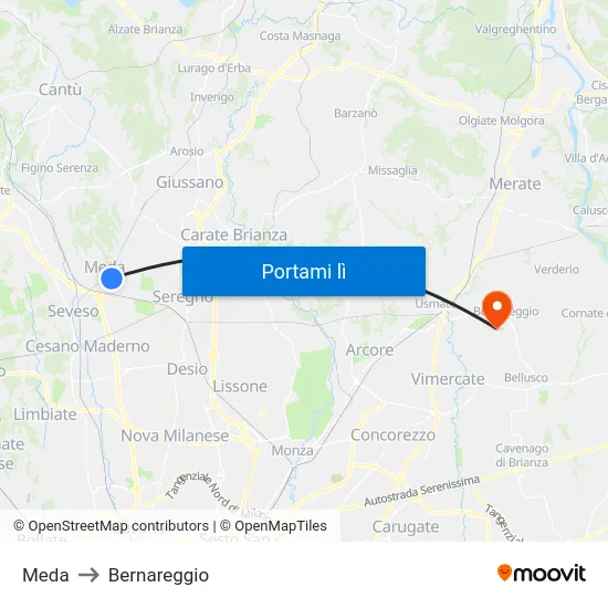 Meda to Bernareggio map