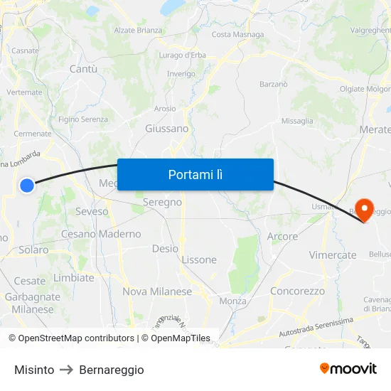 Misinto to Bernareggio map