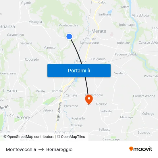 Montevecchia to Bernareggio map