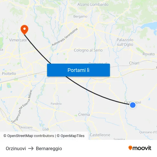 Orzinuovi to Bernareggio map