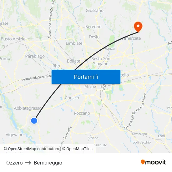 Ozzero to Bernareggio map