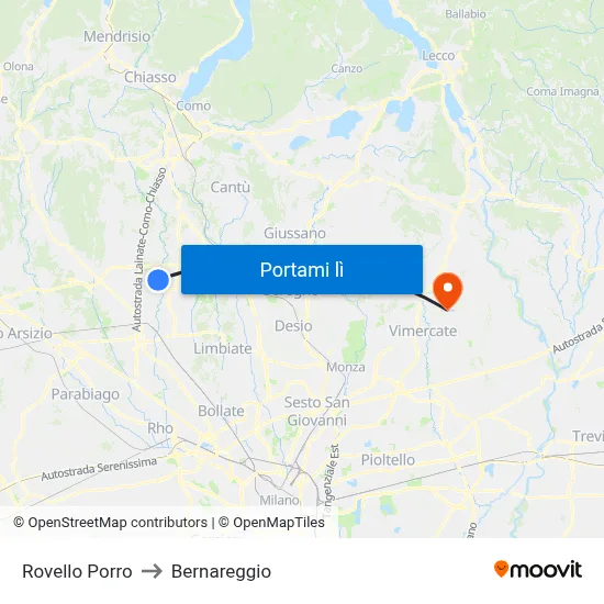Rovello Porro to Bernareggio map