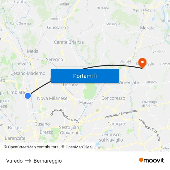 Varedo to Bernareggio map