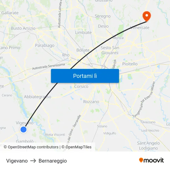 Vigevano to Bernareggio map