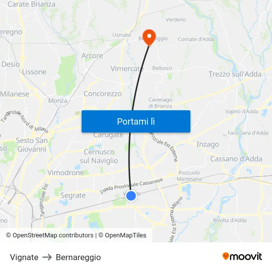 Vignate to Bernareggio map