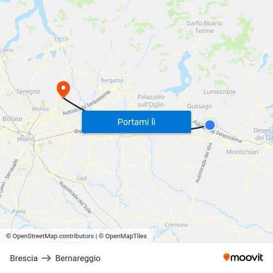 Brescia to Bernareggio map