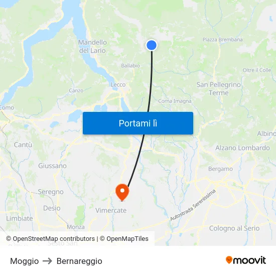 Moggio to Bernareggio map