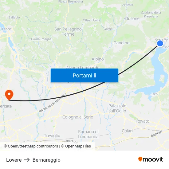 Lovere to Bernareggio map