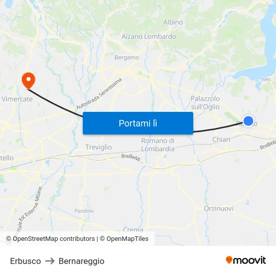 Erbusco to Bernareggio map