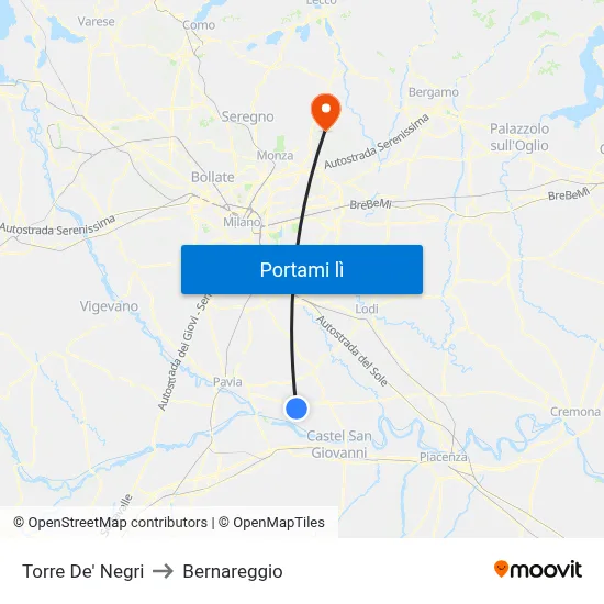 Torre De' Negri to Bernareggio map