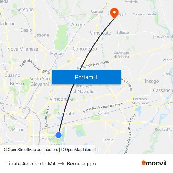 Linate Aeroporto M4 to Bernareggio map