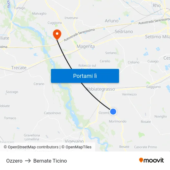 Ozzero to Bernate Ticino map