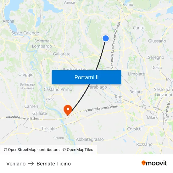 Veniano to Bernate Ticino map