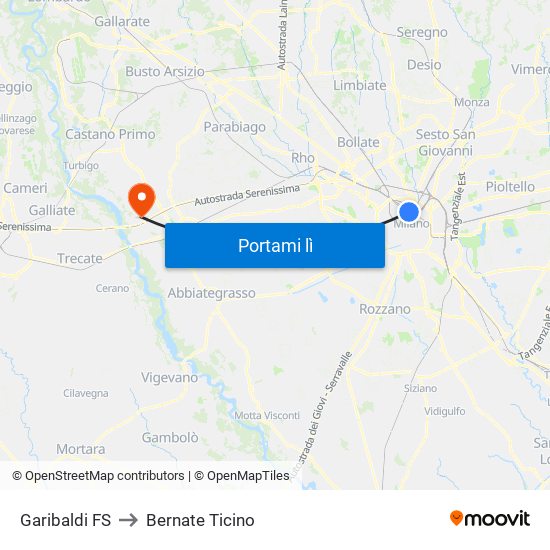 Garibaldi FS to Bernate Ticino map