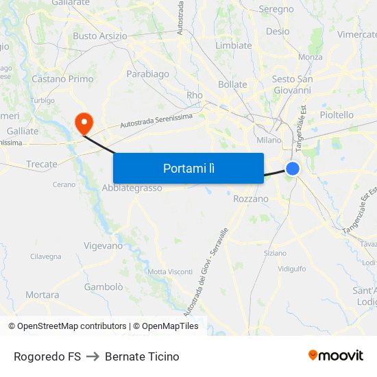 Rogoredo FS to Bernate Ticino map