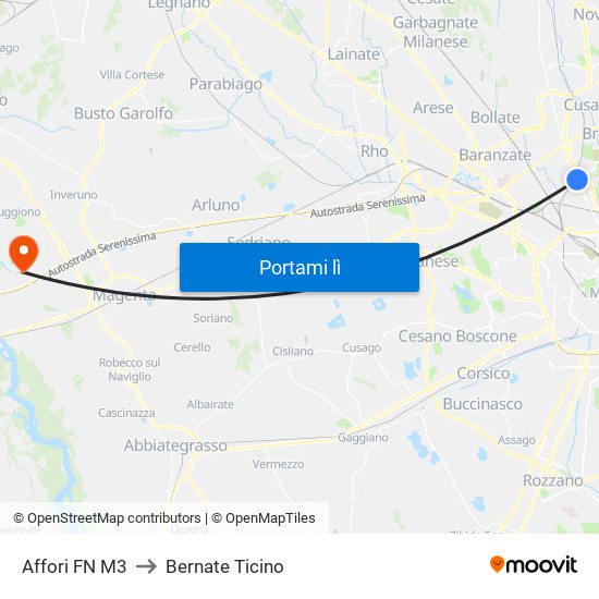 Affori FN M3 to Bernate Ticino map