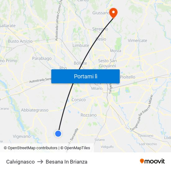 Calvignasco to Besana In Brianza map