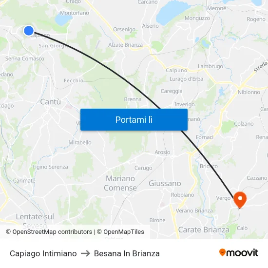 Capiago Intimiano to Besana In Brianza map