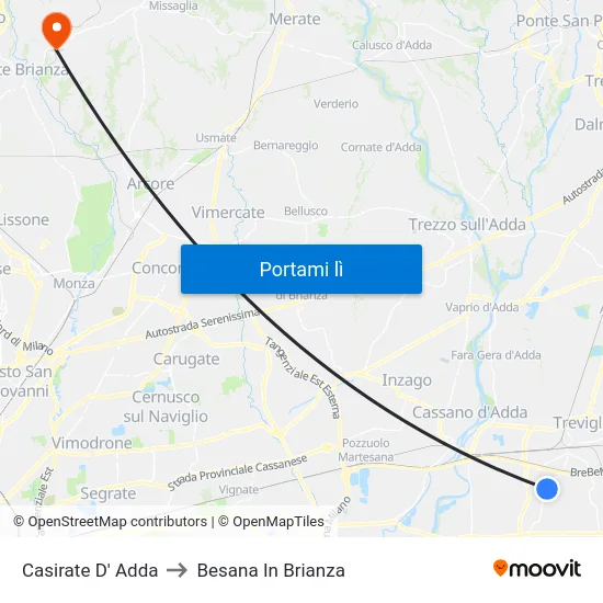 Casirate D' Adda to Besana In Brianza map