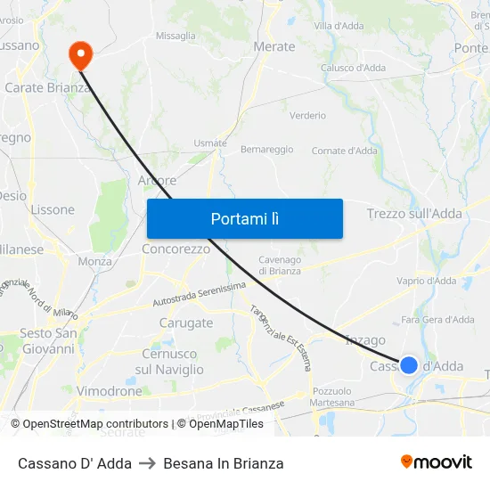 Cassano D' Adda to Besana In Brianza map