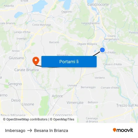 Imbersago to Besana In Brianza map