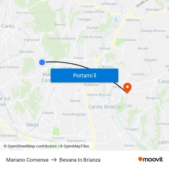 Mariano Comense to Besana In Brianza map