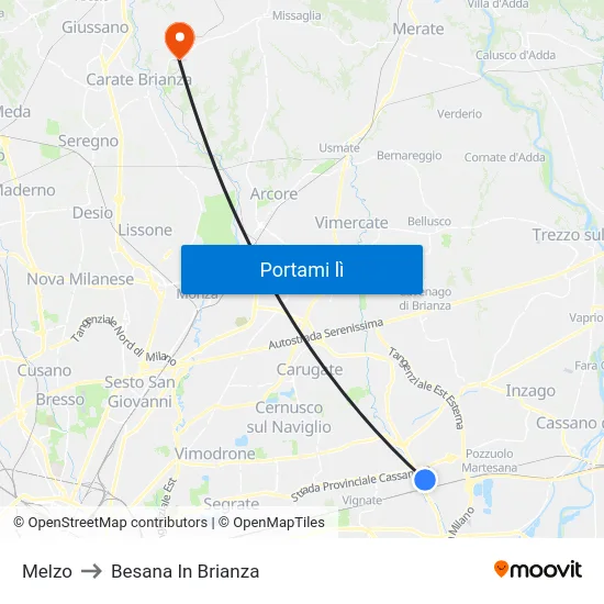 Melzo to Besana In Brianza map